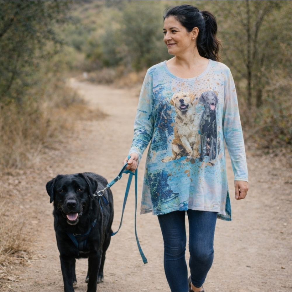 New One World Labrador & Golden Retriever Dog Blue Long Sleeve Knit Tunic  Sz XL
